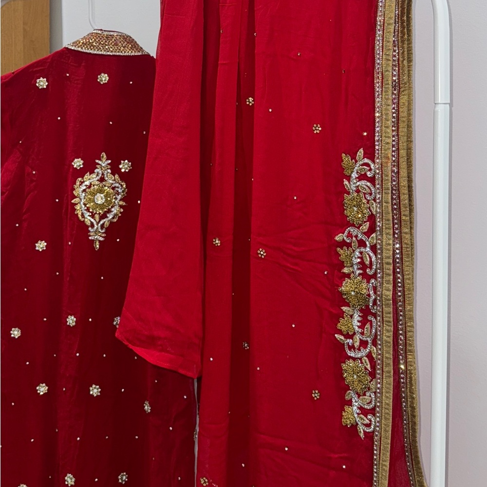 Red Embroidered Desi Outfit - Picture 4 of 6